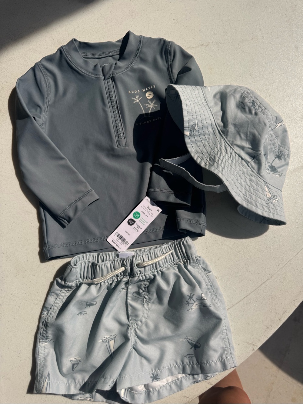 18M Carter's Light Gray and Charcoal Kids Swim Set with Hat